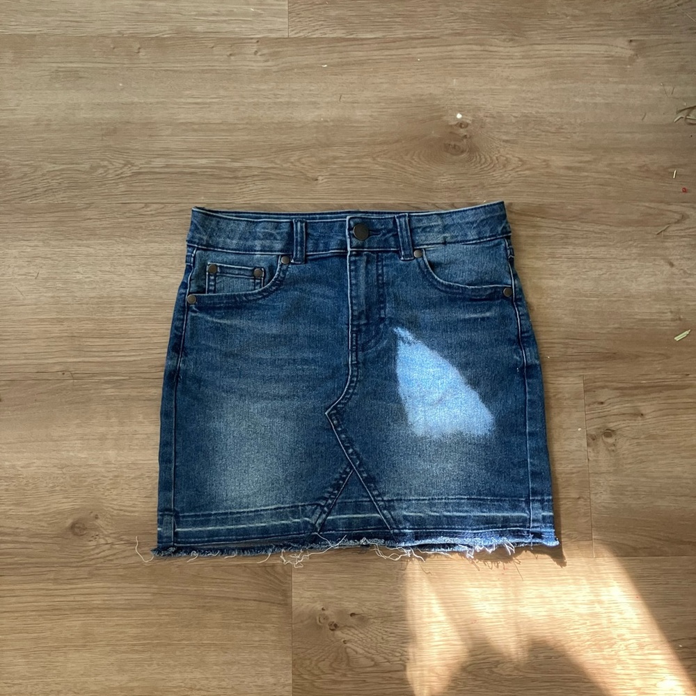Frayed dark denim mini skirt